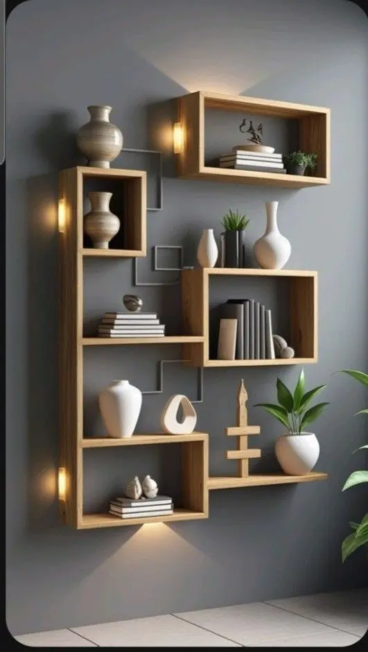 نمونه‌ای از کتابخانه دیواری چوبی با طراحی مدرن و زیبا