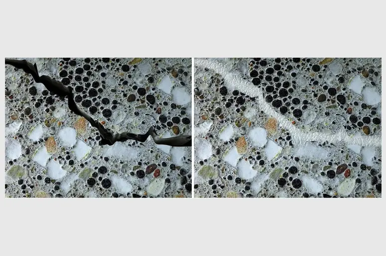 نمونه‌ای از بتن خودترمیم‌شونده در حال ترمیم ترک با استفاده از مواد شیمیایی