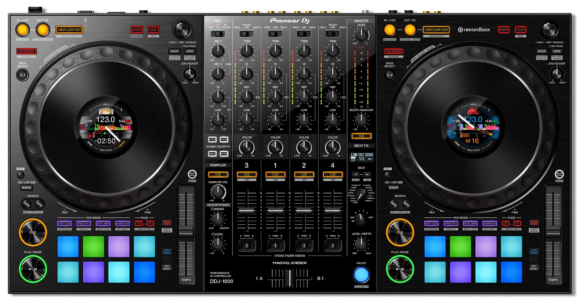 کنترلر DJ با نمایشگر دیجیتال و دکمه‌های اختصاصی برای افکت‌ها