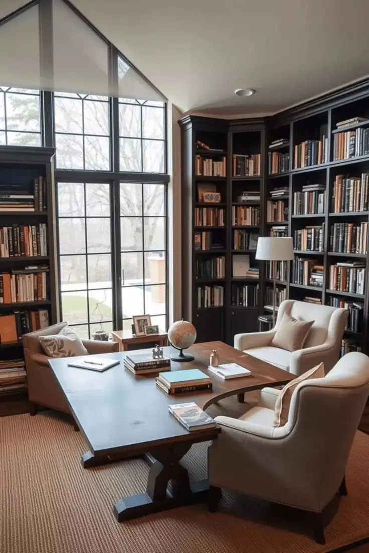 کتابخانه اداری با طراحی مدرن و فضای سازماندهی شده برای کارکنان