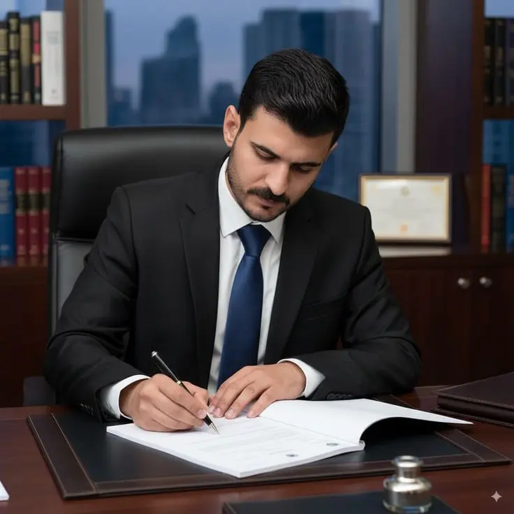 وکیل در حال بررسی مدارک حقوقی و قراردادها در دفتر کار