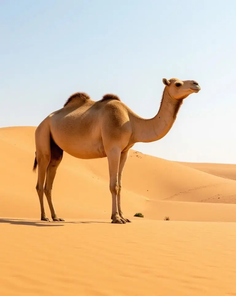 شتری سالم با پشم ضخیم و بدن قوی در بیابان