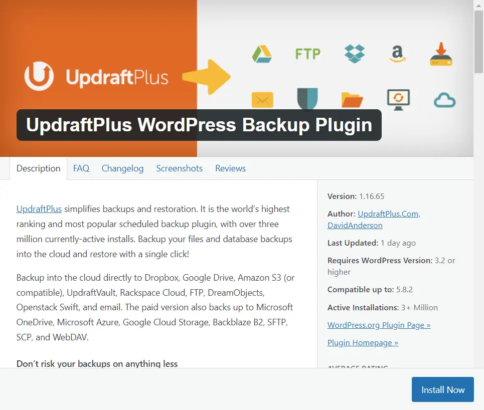 نمونه‌ای از تنظیمات افزونه UpdraftPlus برای پشتیبان‌گیری از سایت وردپرس
