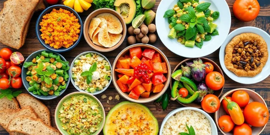 یک میز غذا با مواد غذایی سالم و متنوع به عنوان مثالی از برنامه غذایی با تراکم غذایی مناسب