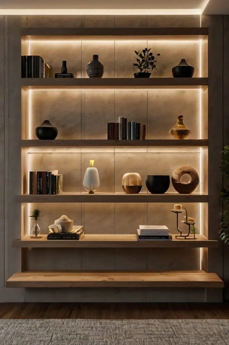 کتابخانه دیواری شیشه‌ای با طراحی مدرن و نمایش کتاب‌ها از پشت شیشه