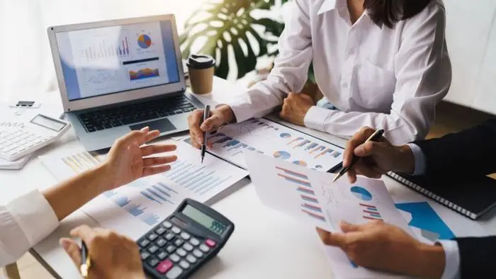 یک حسابدار در حال کار با نرمافزار حسابداری و تحلیل دادهها