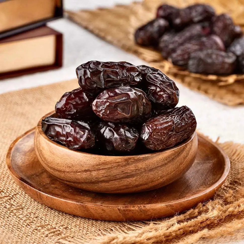 خرماهای تازه و خشک شده در یک سبد چوبی