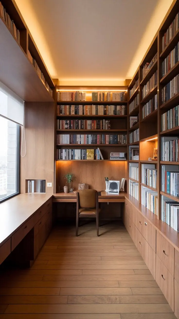 یک کتابخانه اداری فیزیکی با قفسه‌های پر از کتاب و فضاهای مطالعه