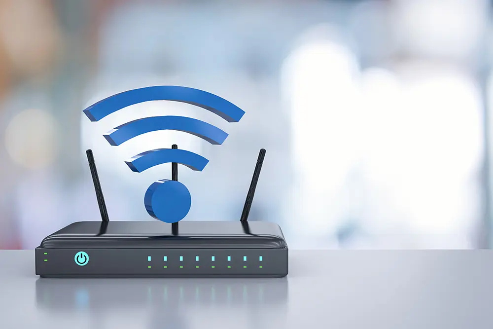 نمای نزدیک یک روتر مدرن با نشان Wi-Fi 6 و نورهای LED رنگی
