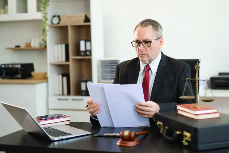 وکیل با تجربه در حال بررسی مدارک پرونده در دفتر کار