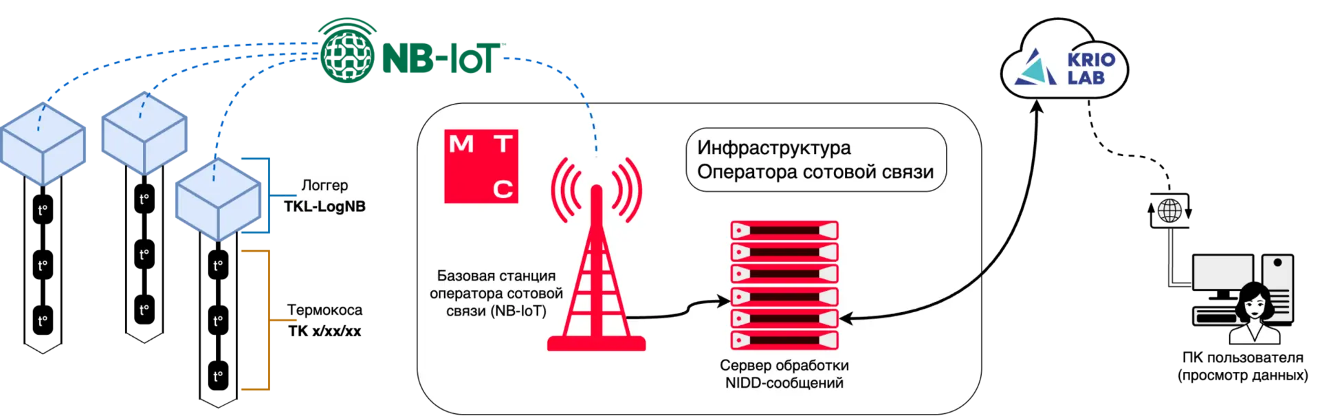 نمودار شبکه NB-IoT که نشان میدهد چگونه دستگاههای مختلف میتوانند به شبکه اینترنت اشیا متصل شوند