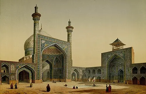 نمایی از مسجد شاه اصفهان با حیاط مرکزی و معماری سنتی ایرانی