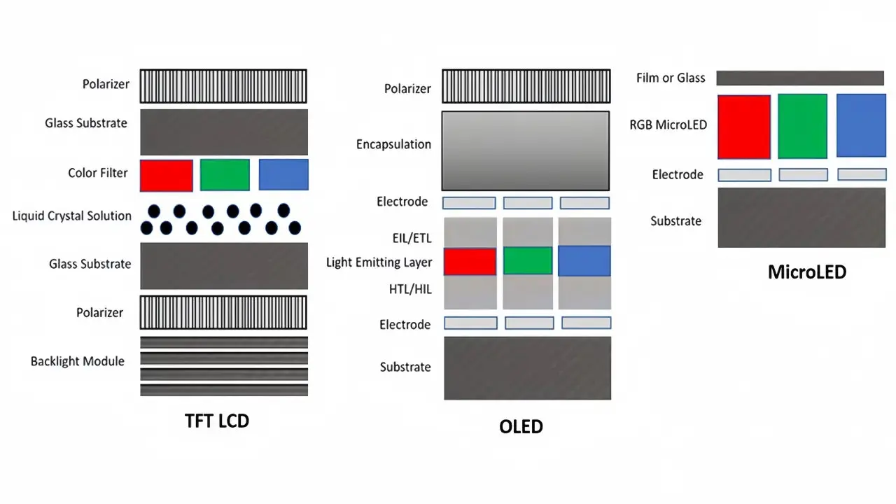 مقایسه نمایشگرهای TFT LED، OLED و MicroLED