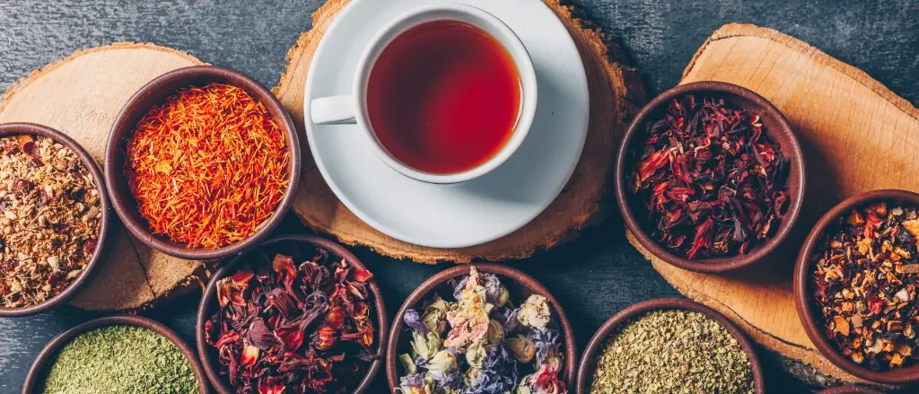 چای گیاهی در ظرف شیشه‌ای با برگ‌های تازه و گل‌های خشک