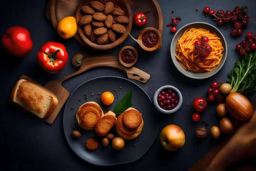 میز غذا با انواع نان، سبزیجات و میوه