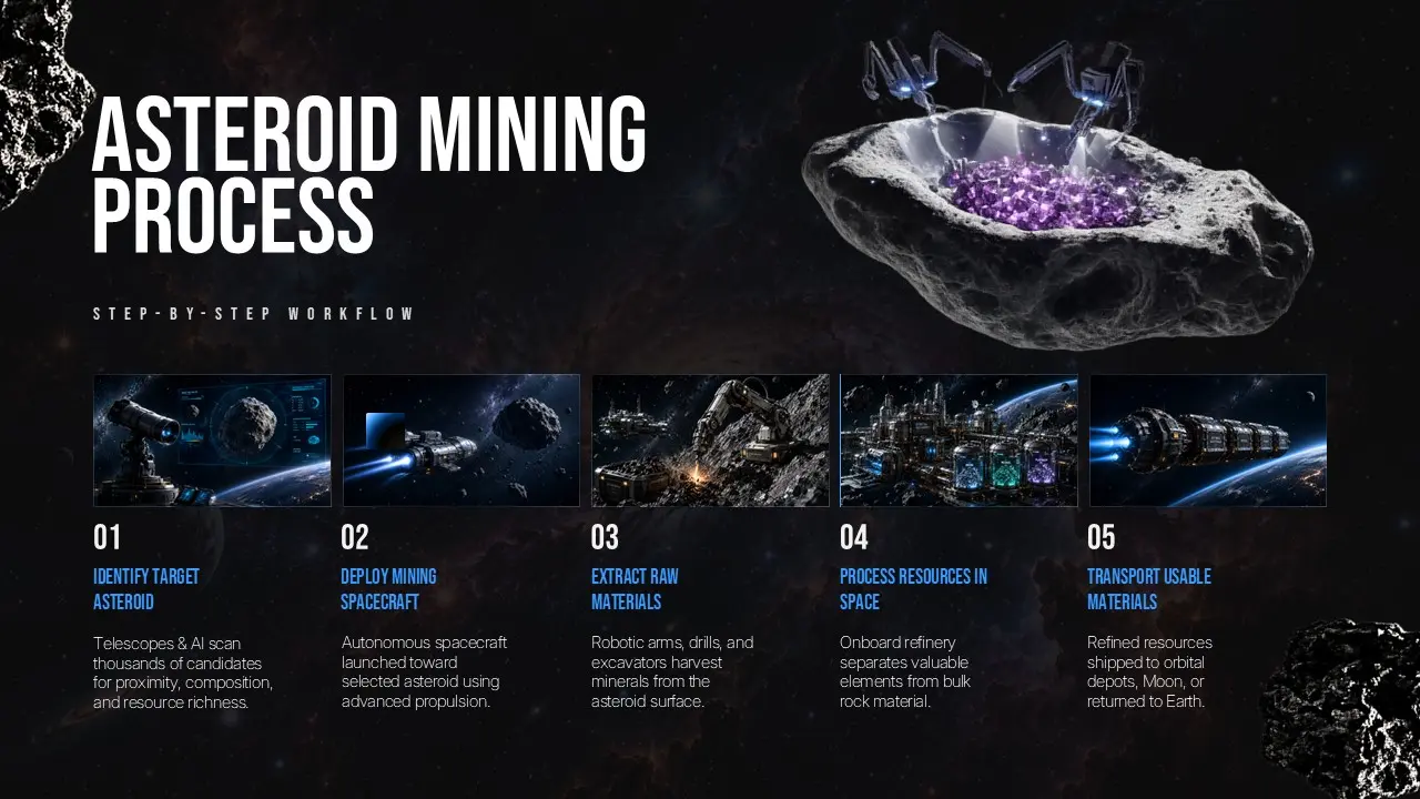 نمودار فرآیند استخراج منابع از سیارکها و انتقال آنها به زمین یا فضا