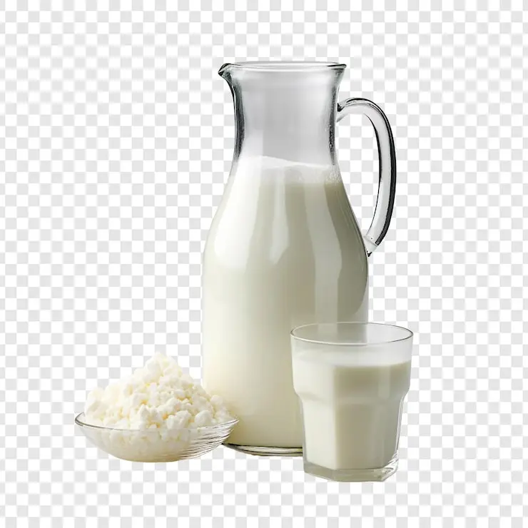 شیر بدون لاکتوز در ظرف شیشه‌ای با پس‌زمینه شفاف