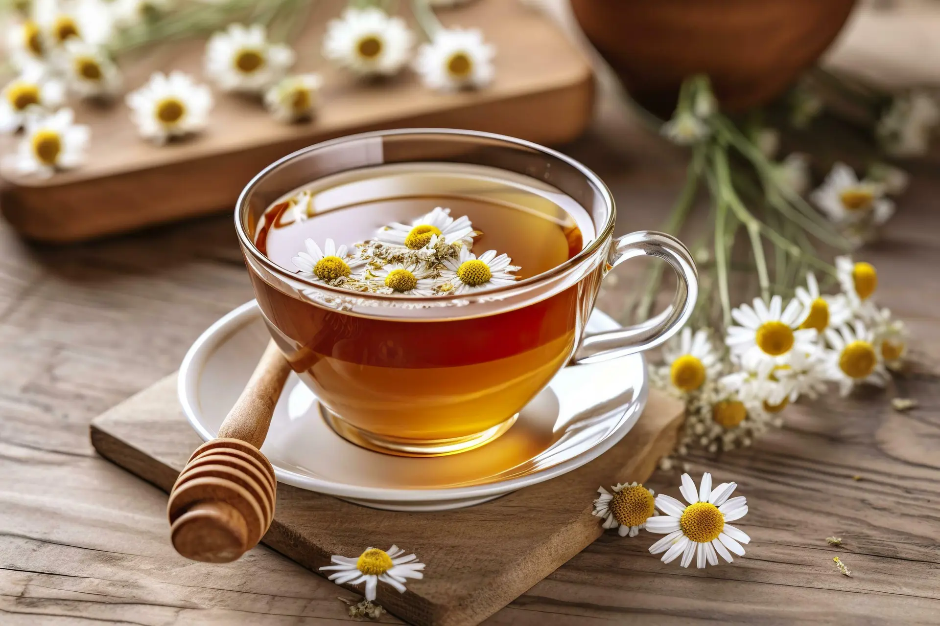 فنجان دمنوش بابونه روی زمینه چوبی روشن