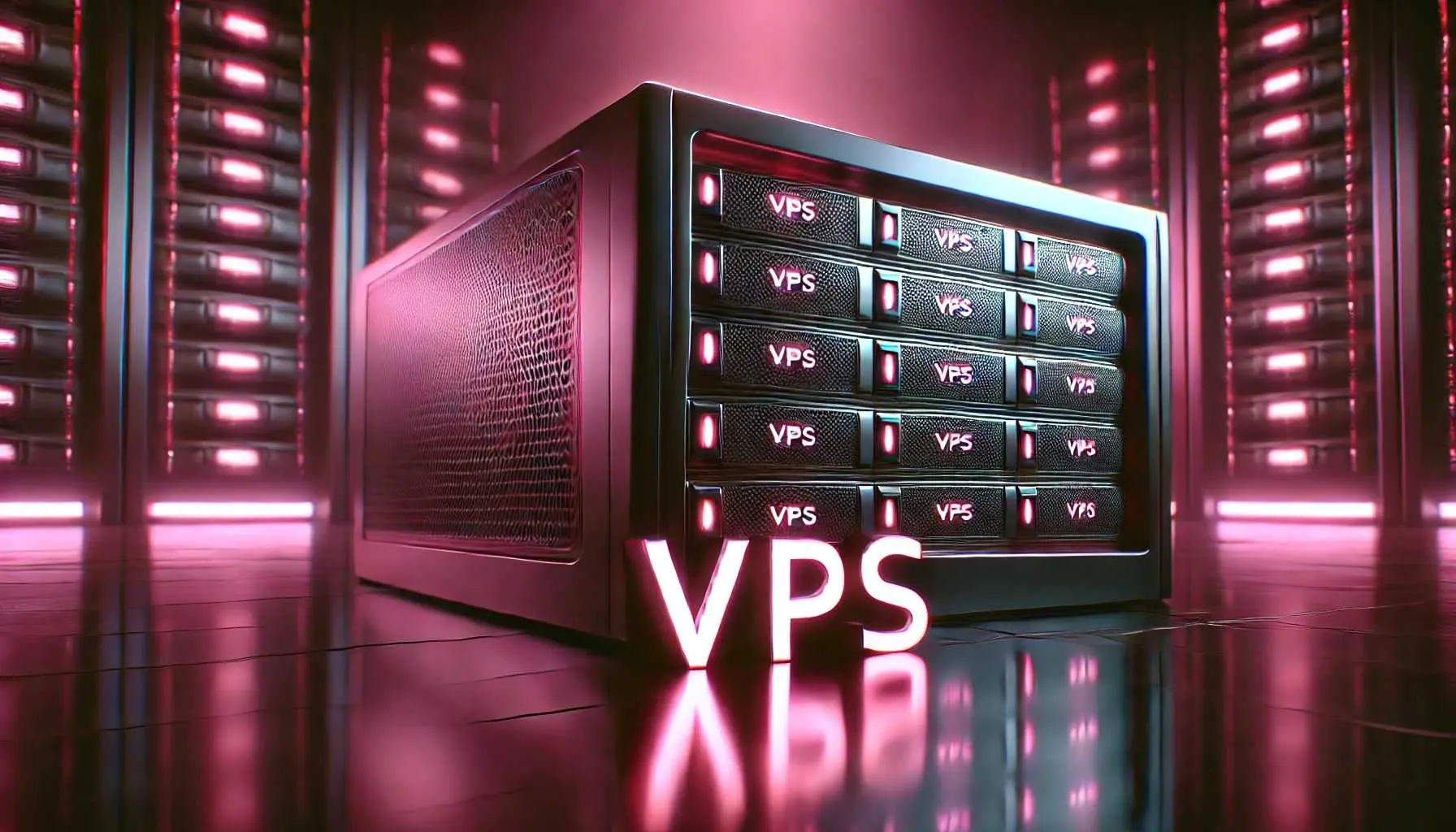 نمایی فانتزی از یک سرور با نوشته VPS و طراحی مدرن و فلزی با نورپردازی سینمایی