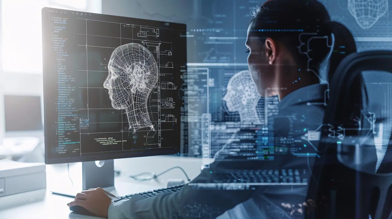 یک مهندس در حال کار بر روی کدهای هوش مصنوعی و یادگیری ماشین در محیطی مدرن و دیجیتال
