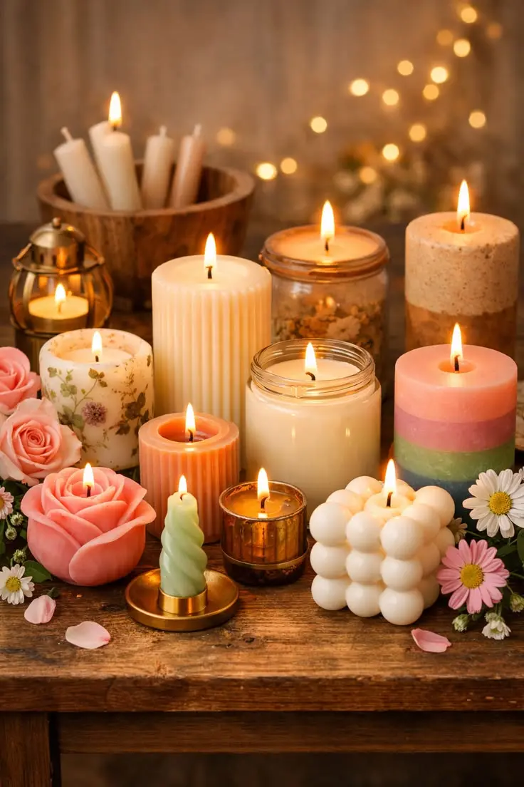 شمع‌های عطردار و شناور در کنار یکدیگر برای ایجاد جو خاص در اتاق