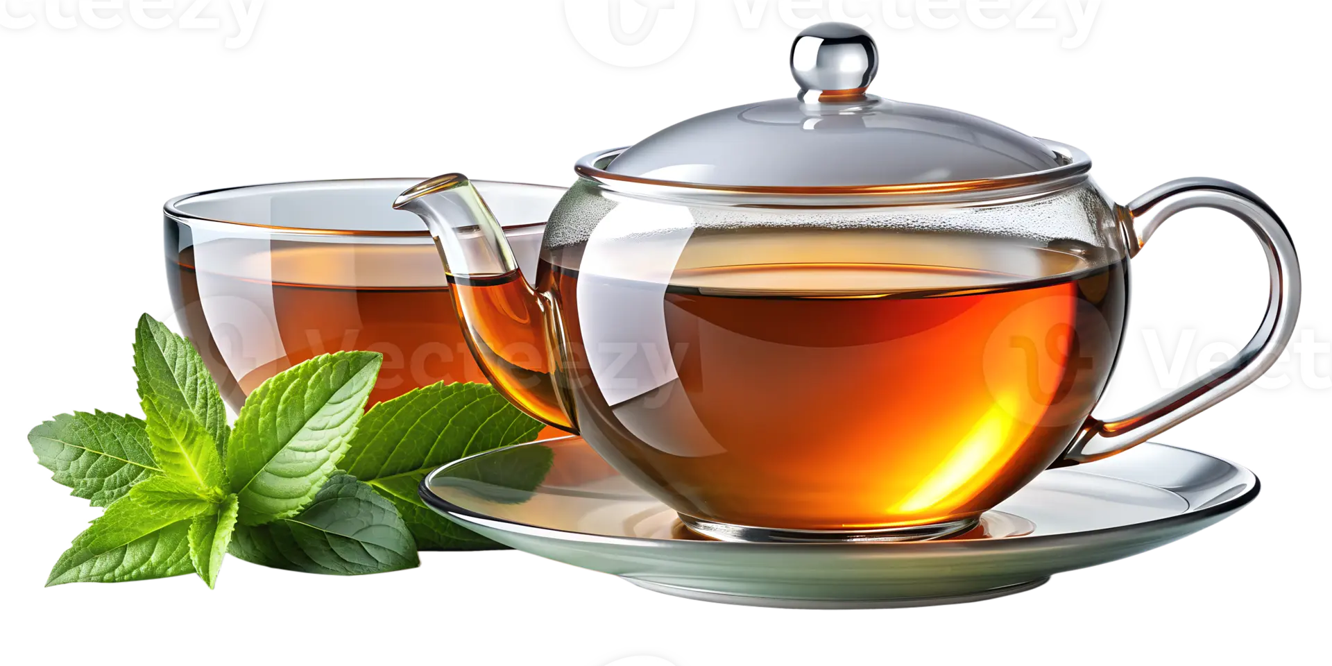 چای گیاهی با برگ‌های نعناع در فنجان شیشه‌ای