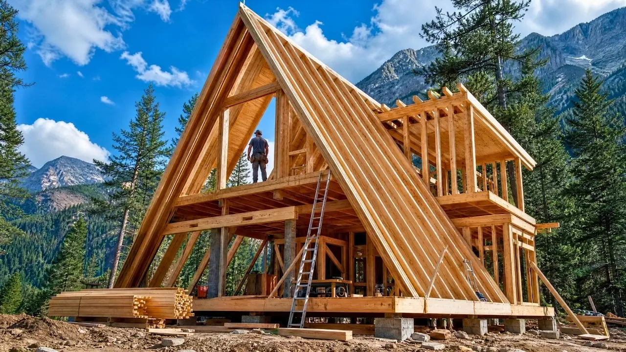 نمونه‌ای از طراحی A-Frame در یک ویلای مدرن با استفاده از چوب و شیشه