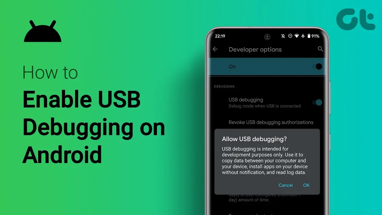 نمای بخش توسعه‌دهندگان در تنظیمات اندروید با گزینه USB Debugging