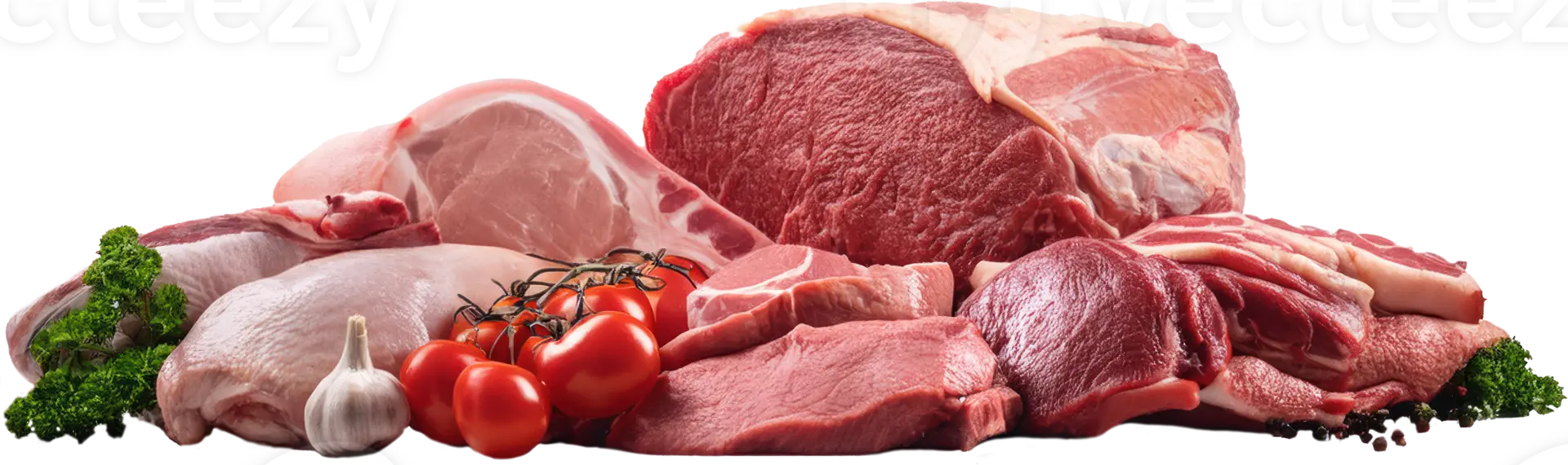 گوشتهای مختلف خام شامل گوساله، مرغ و گوسفند در کنار یکدیگر