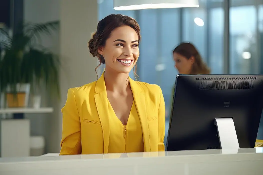 منشی تلفنی با لبخند در حال استقبال از مشتری در دفتر مدرن