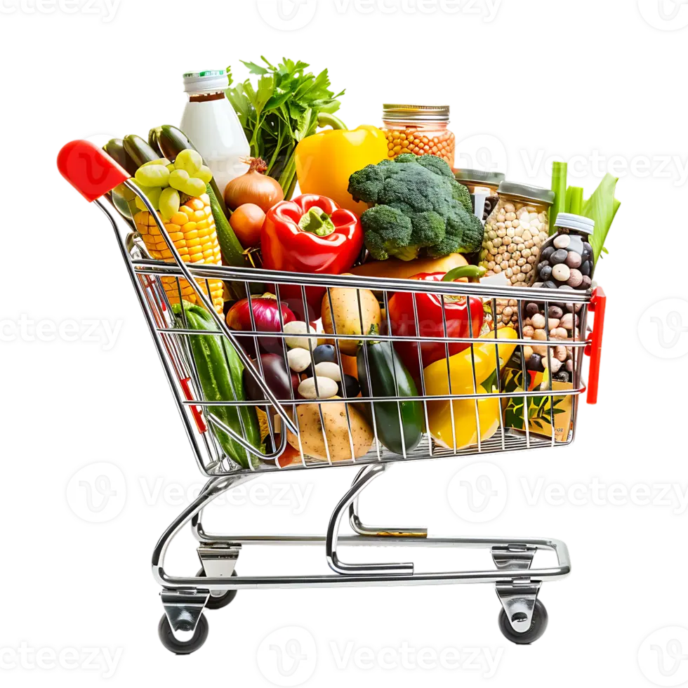 سبد خرید پر از کالای فروشگاهی در یک فروشگاه خرده‌فروشی
