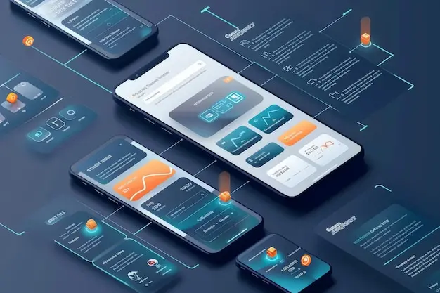 مکاپ یک رابط کاربری برنامه موبایل با بلوک‌های فعال و اتصال‌های مختلف