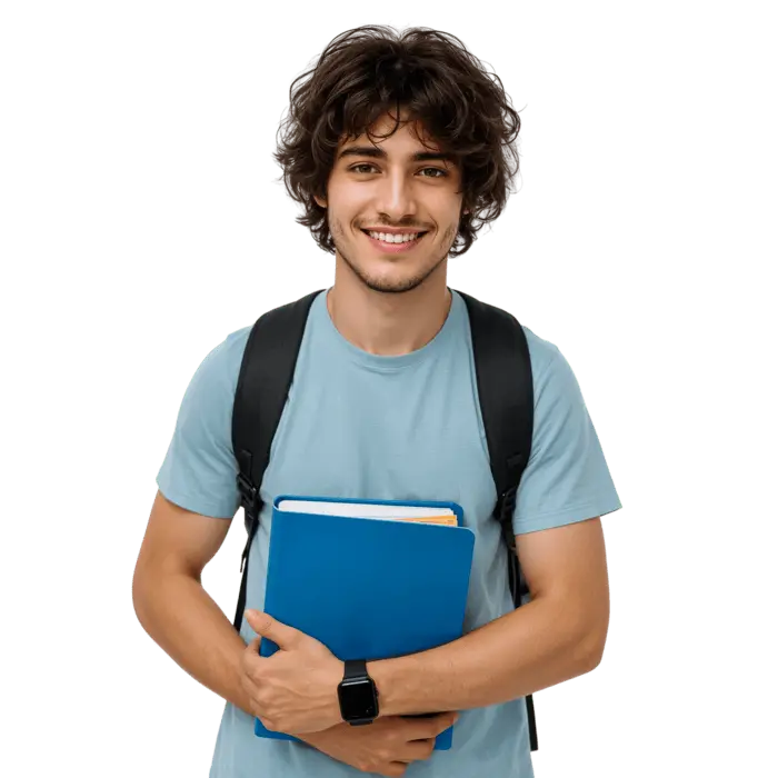 دانشآموزی با لبخند آماده برای جستجوی دانش با کتابهای اطرافش