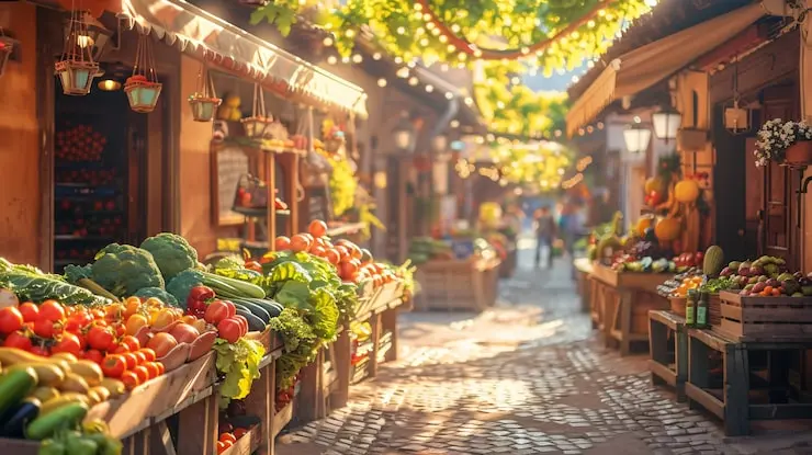 بازار سنتی در ساعت غروب با نور گرم و فروشندگان محلی