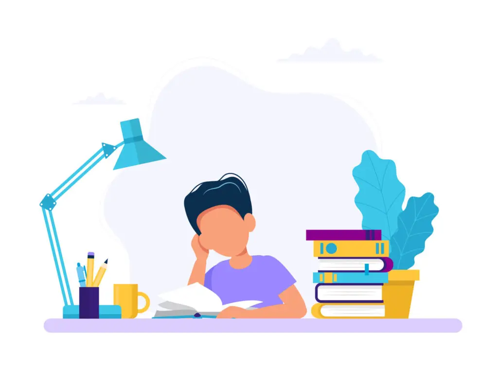 یک دانش‌آموز در حال مطالعه با کتاب و دفتر