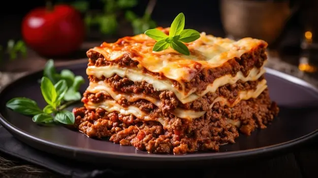 لازانیا سنتی با سس بولونیزی غنی و لایه‌های پنیر ذوب شده