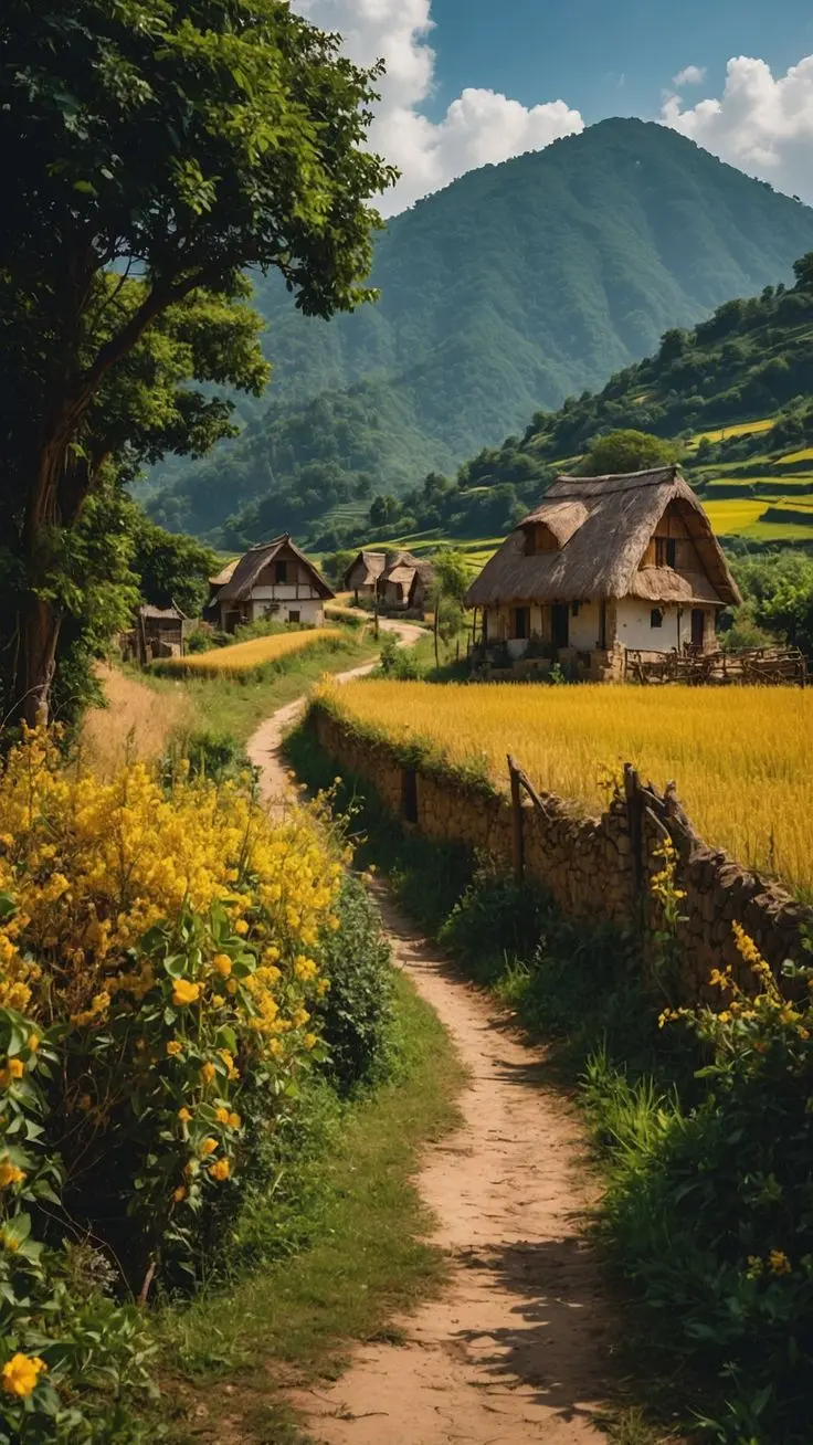 منظره کوهستانی با روستاهای سنتی و طبیعت بکر
