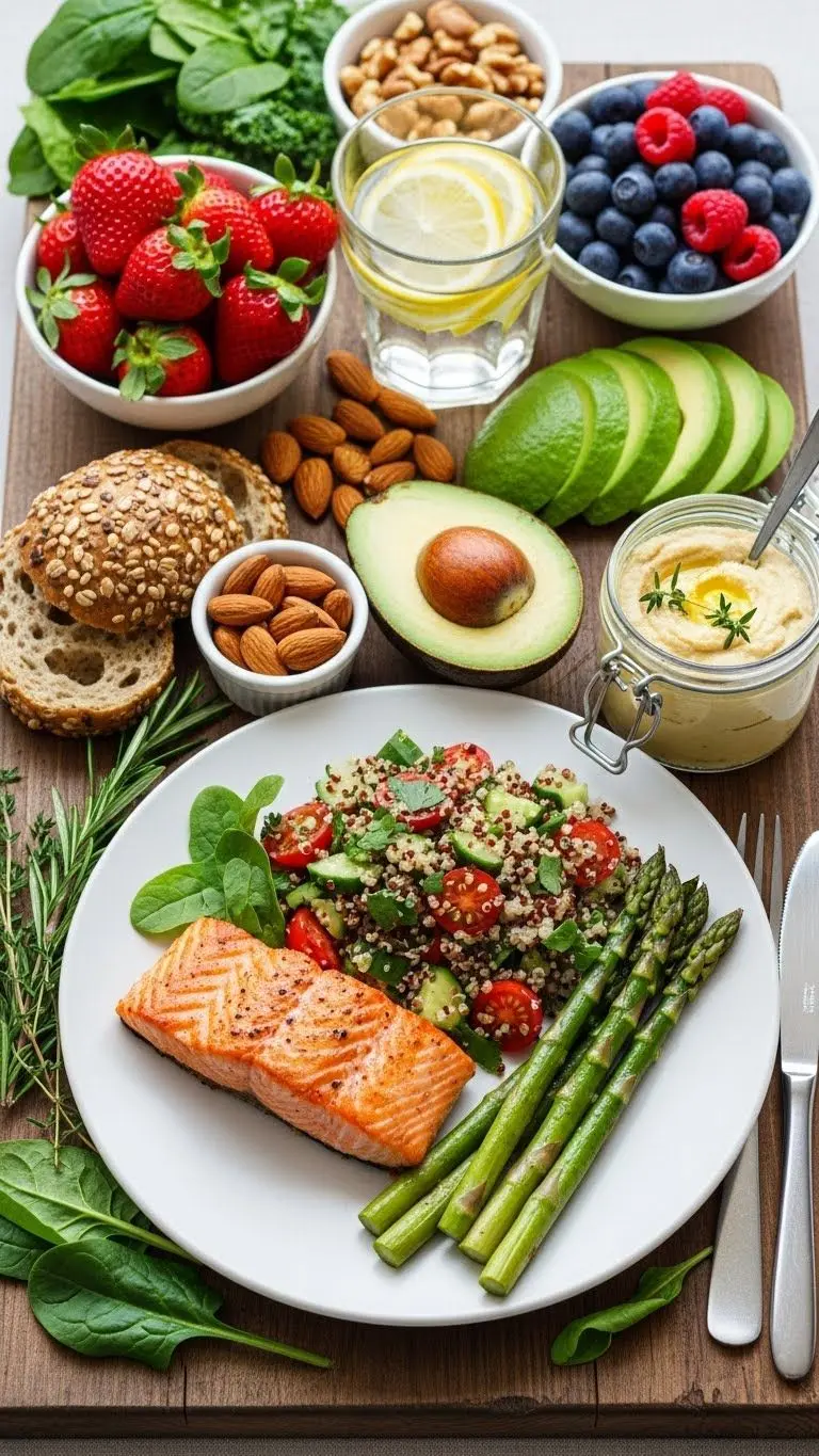 یک فرد در حال مصرف یک وعده غذایی سالم و متنوع با سبزیجات، پروتئین و کربوهیدرات