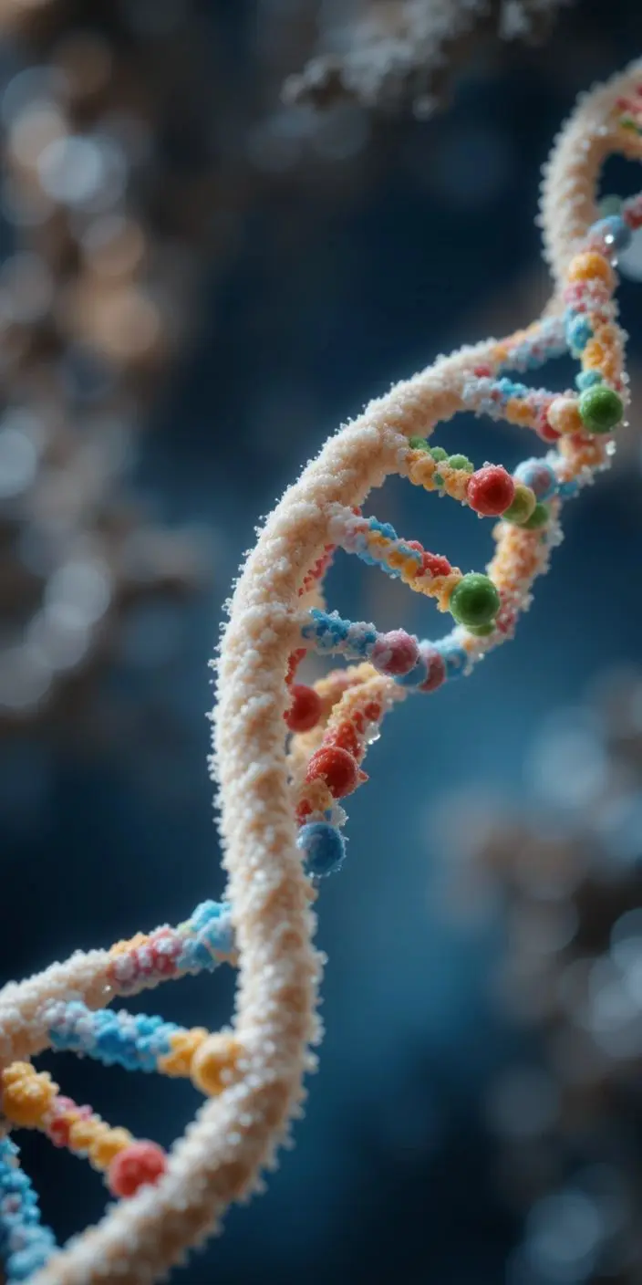 نمای نزدیک مولکول DNA با ساختار دوگانه مارپیچ و چهار نوع باز نیتروژنی
