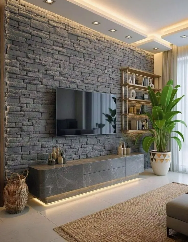 تی‌وی وال سنگی با طرح‌های طبیعی در طراحی داخلی مدرن