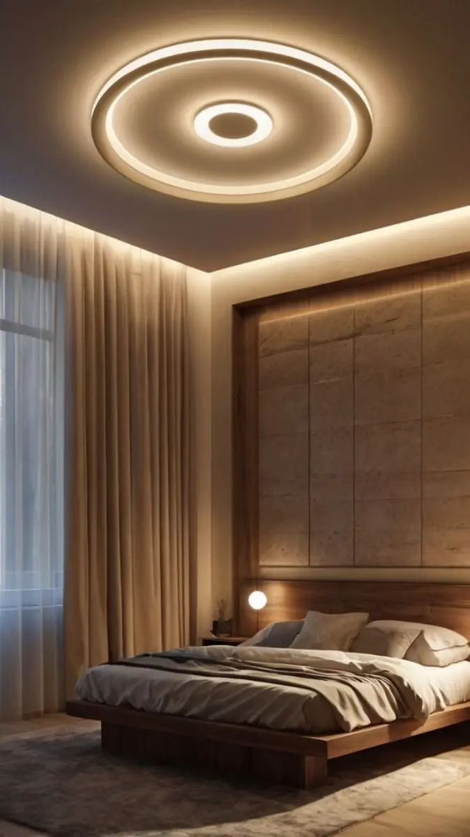 چراغ bedside با نور سفید گرم در کنار تخت