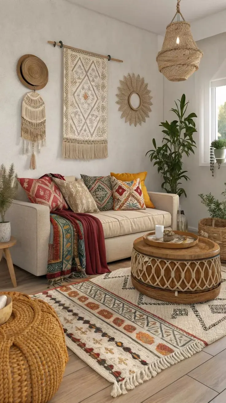 مبلمان چوبی ساده و پارچه‌های طبیعی در یک اتاق بوهو