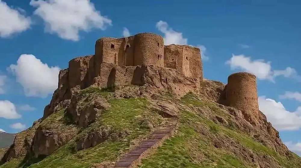 بخش داخلی قلعه الموت با معماری تاریخی و سنگفرش شده