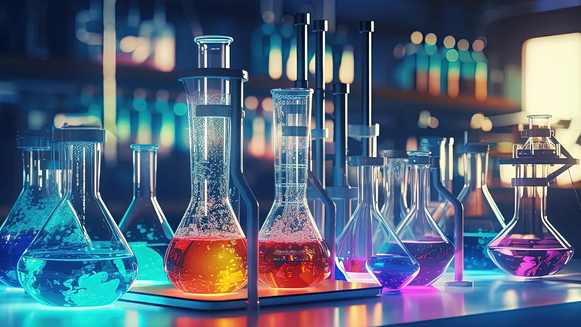مجموعهای از مواد شیمیایی مختلف در آزمایشگاه