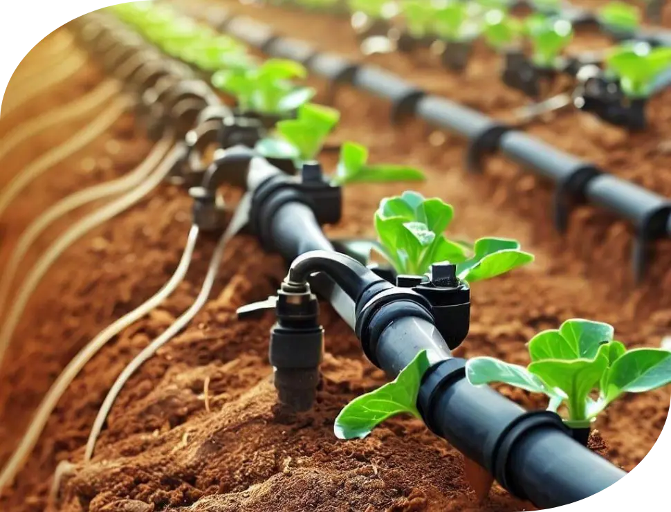 سیستم کامل آبیاری قطرهای در یک مزرعه بزرگ با لولهکشی و قطعات الکترونیکی
