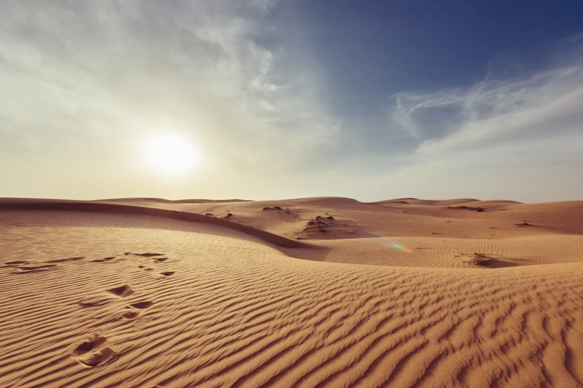 غروب در کویر با آسمان صورتی و طلایی و منظره بیابانی