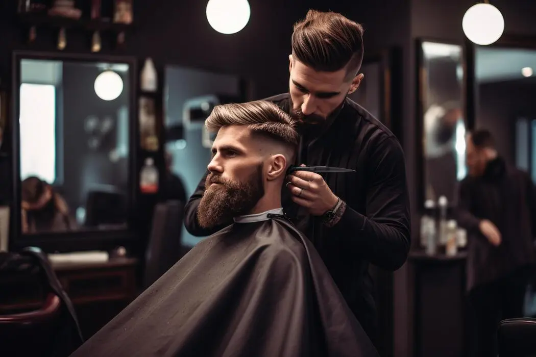 آرایشگر با کت سیاه در حال برش مو یک مشتری