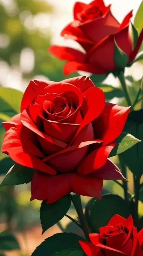 گل رز بوته‌ای با برگ‌های سبز تازه و گل‌های قرمز روشن
