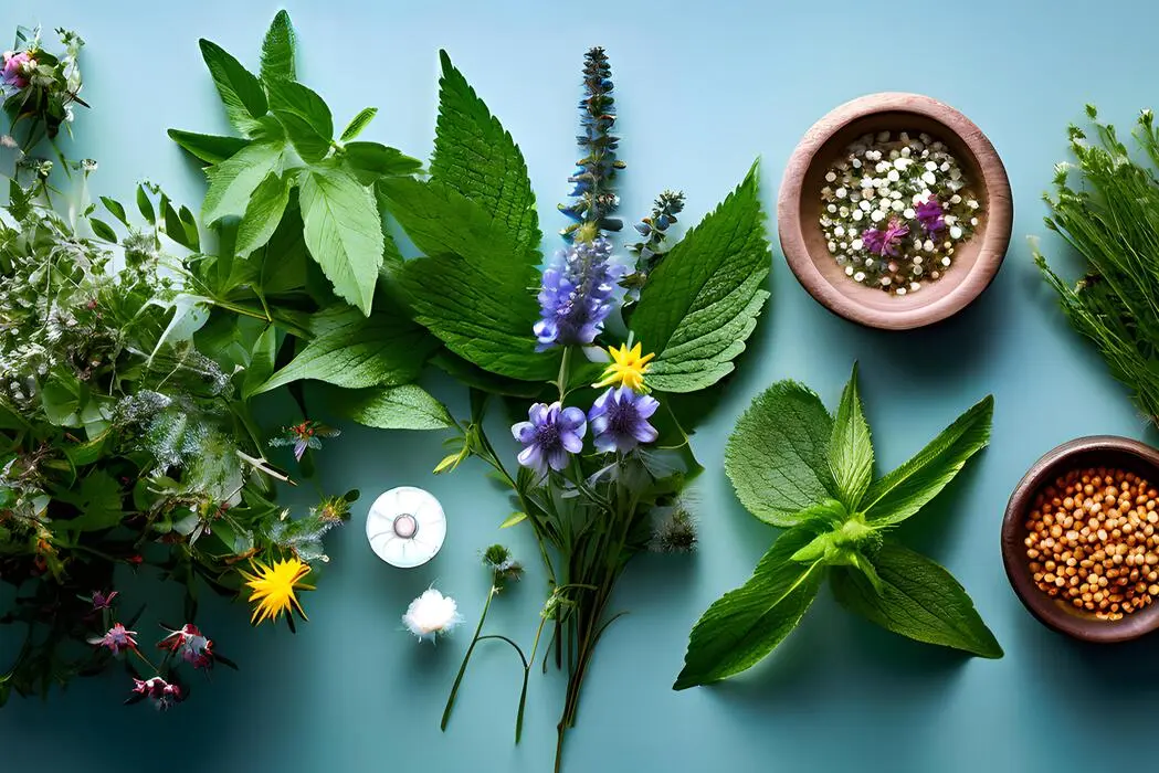 چندین گیاه دارویی مانند آویشن، نعناع و زردچوبه روی یک میز چوبی مرتب شده‌اند
