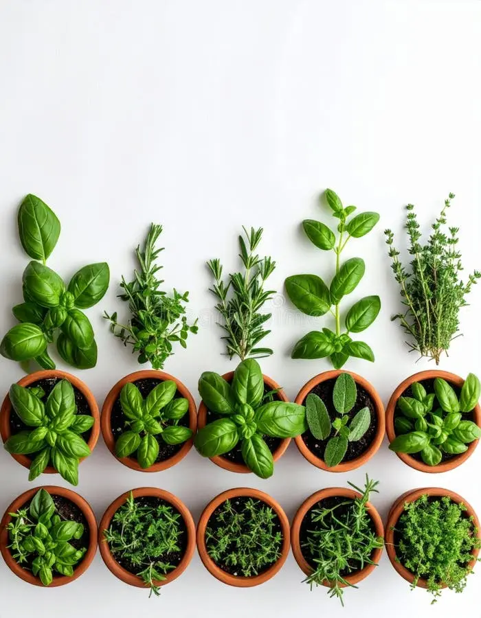 گیاهان دارویی مختلف در ظرفهای سفالی و سفید